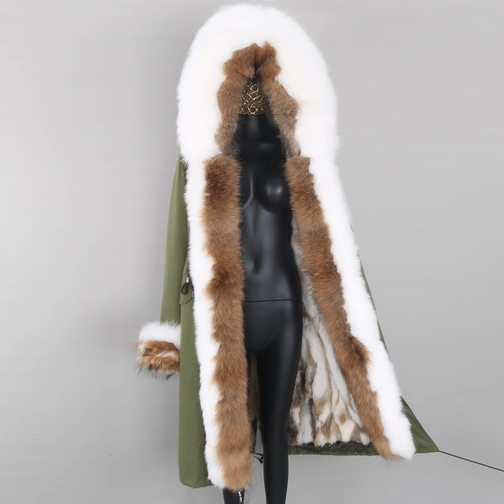 

New Women Winter Parkas X-Long Real Rabbit Fur Jacket with Raccoon Fur Collar Hooded Coat Rex Rabbit Fur Liner Windproof Pocket