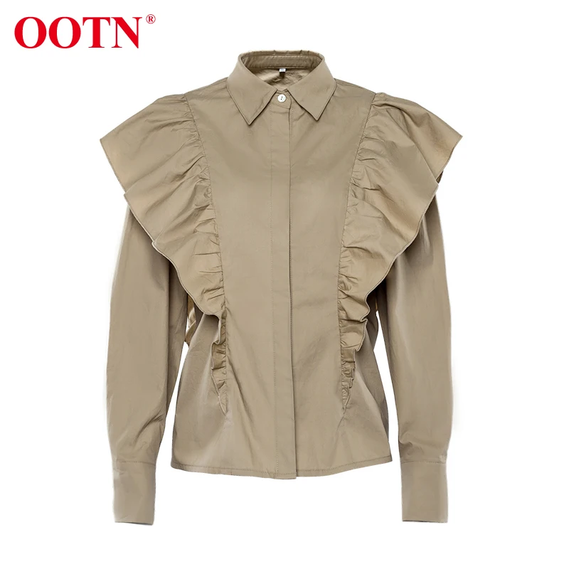 Женская блузка с оборками OOTN элегантная офисная цвета хаки длинными рукавами