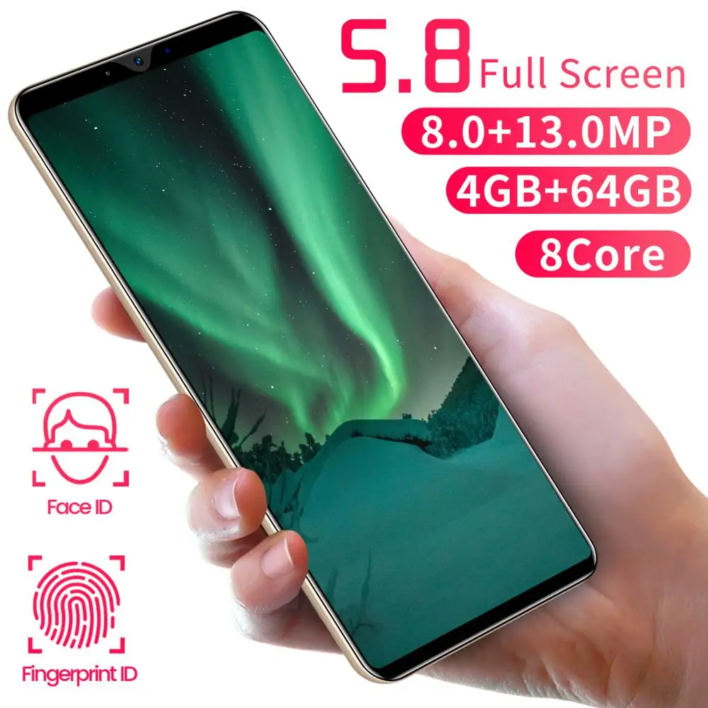 

New Glaxy P43 5.8 Inch 4+64GB 128GB 8 Core Face ID Fingerprint ID 13+18MP Mobile Phone Global Full Screen 4800mAh Smart Phone