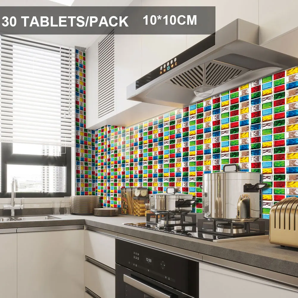 

30pcs/set Flat Colorful Marble Mosaic Hard Tiles Wall Sticker Wardrobe Home Renovation Wallpaper Pvc Art Mural Fast Delivery