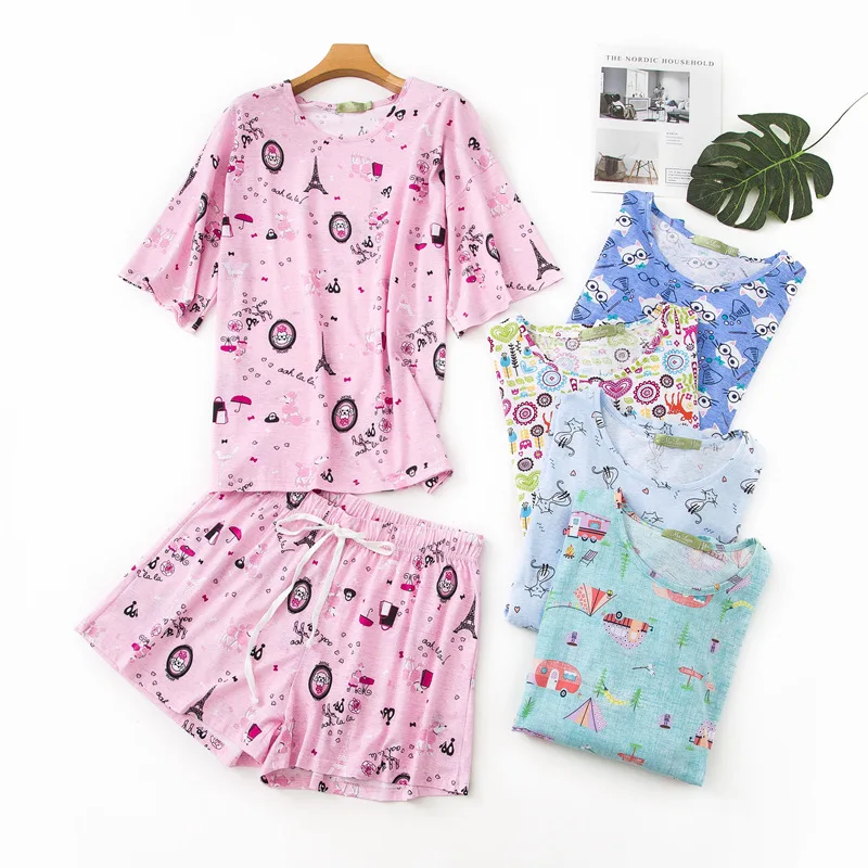 

Women Pajama Suit Summer Cotton Cute Cartoon Short-Sleeved Shorts 100% Cotton Home Service Loungewear Sleepwear pijama nia vera