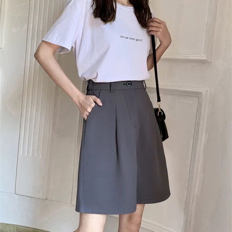 Women Knee Length Shorts Summer Casual High Waist A-line Shorts Loose Wide Leg Chiffon Shorts Chic Lady Black Gray Suit Shorts