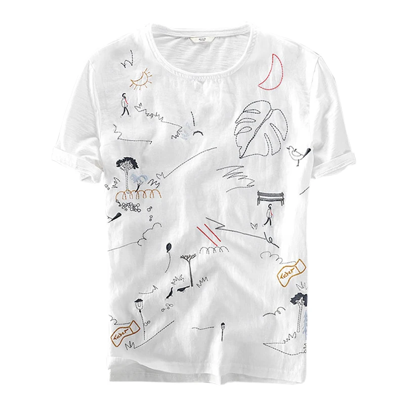 

Summer Short Sleeve T-Shirts Men's Casual Cotton Linen Splicing Tee Cartoon Embroidery Adult Amusing Tshirt Tops Y578