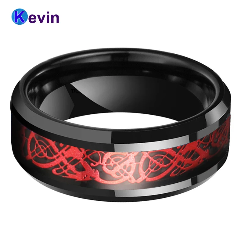 Mens Womens Engagement Wedding Rings Tungsten Ring With Black Carbon Fiber And Red Dragon Inlay | Украшения и аксессуары
