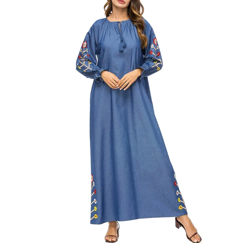 MISSJOY New Fashion muslim clothing dubai Women Long Sleeve Denim Abaya Embroidery flower Patchwork turkey islamic Maxi dress