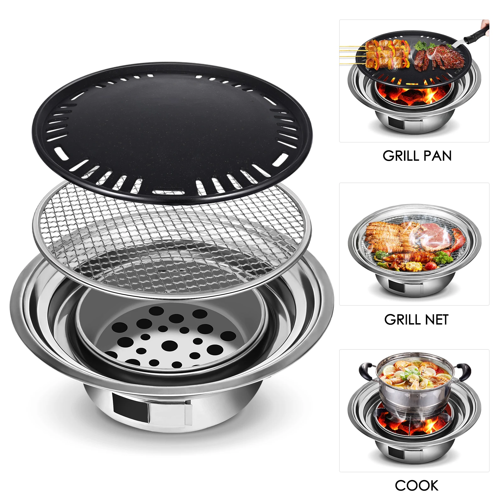 

Stainless Steel Charcoal Barbecue Grill Round Outdoor Camping Dinner Portable Barbecue Grill