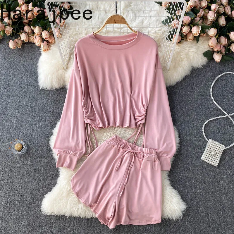 

Harajpee Корейская Повседневная Домашняя одежда, спортивный костюм, женский свитер с длинным рукавом, топ на шнуровке, шорты с широкими штанина...