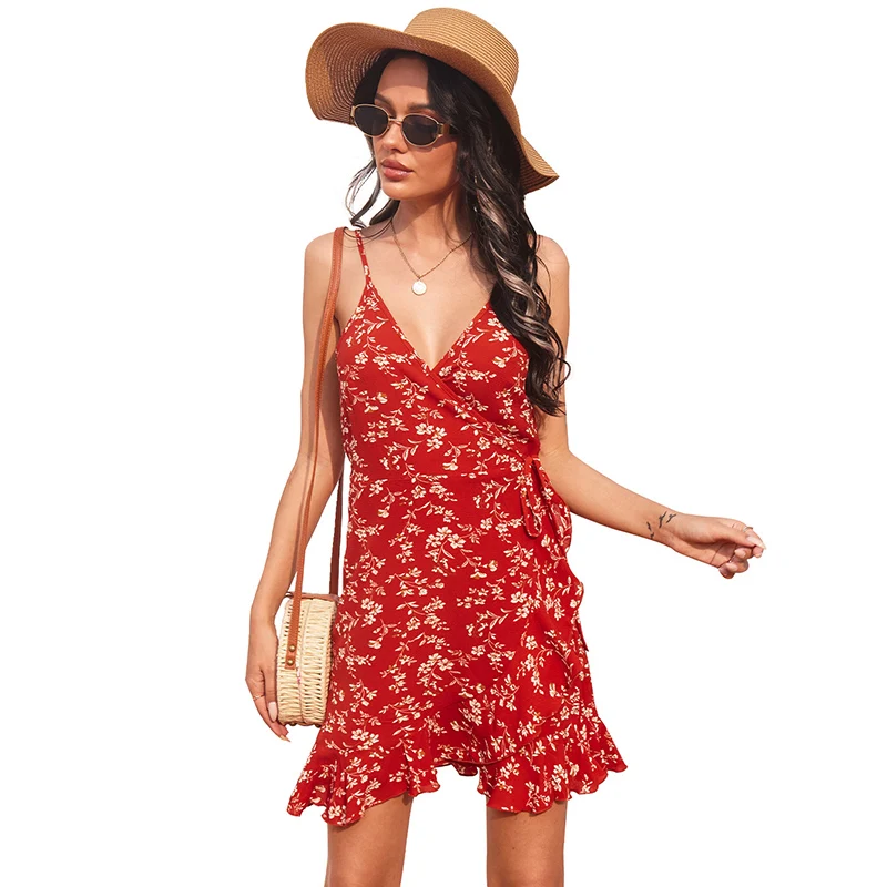 

Summer Mini Dresses for Women 2021 V-neck A-line Sexy Strap Beach Style Party Print Red Women Clothing Vestidos Mujer Verano