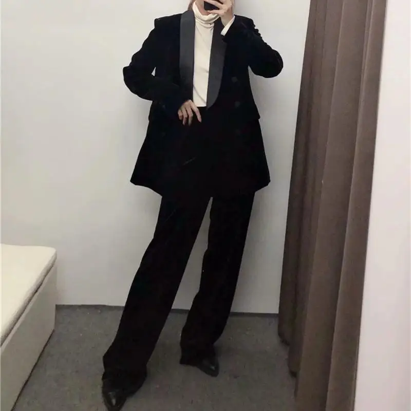 Винтаж Зубчатый Блейзер прямые брюки костюм из двух частей женский простой