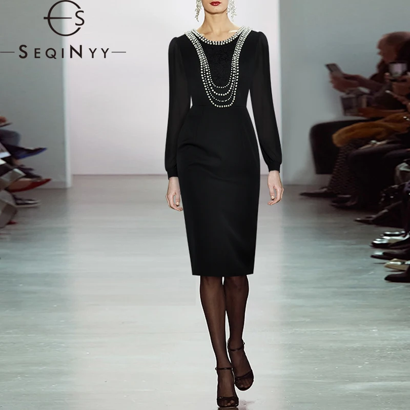 

SEQINYY Office Lady Dress Midi Summer Spring New Fashion Design Women Runway Beading Lace Elegant Slim Pencil Sheath