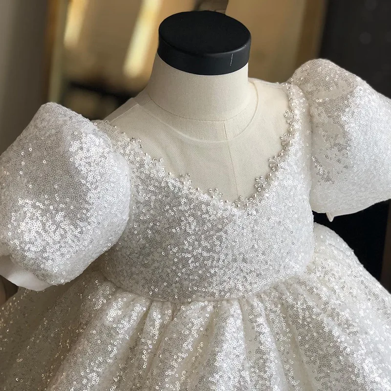 white Sequin Girl Dress Baptismal dress for infant elegant Party Girls Dresses Big bow tutu princess Wedding Baby | Детская одежда и