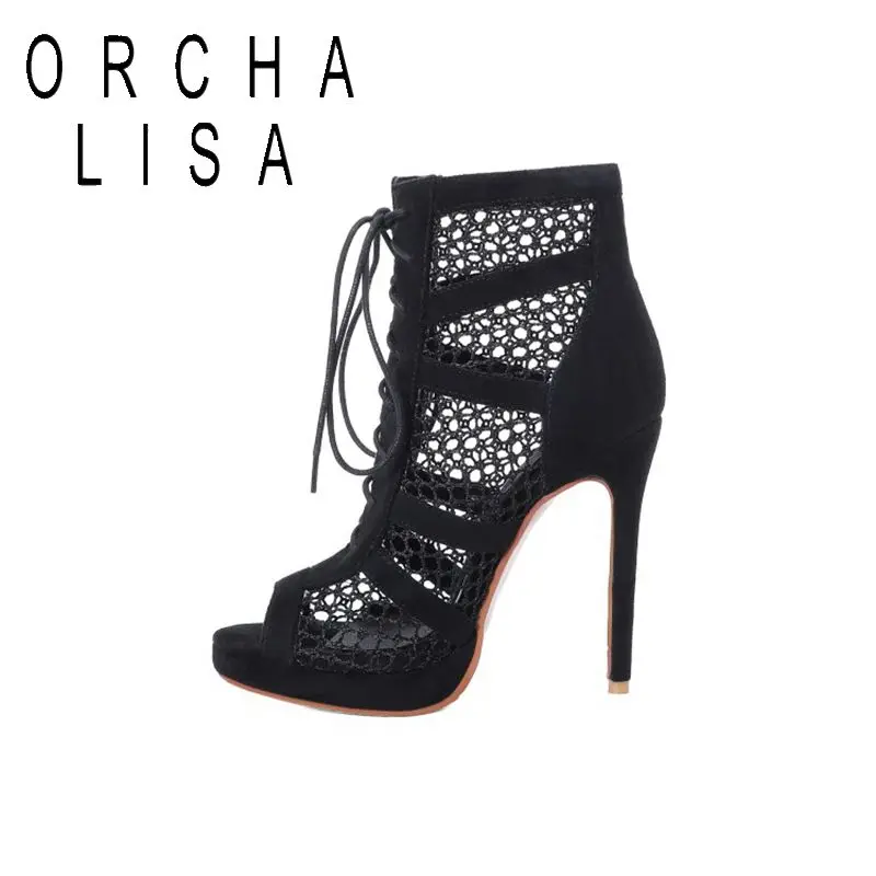 

ORCHA LISA 2021 Summer Sandals Women mesh Peep Toe 12cm High Thin Heel lace-up Sexy Flock Stylish Concise Big Size 33-50