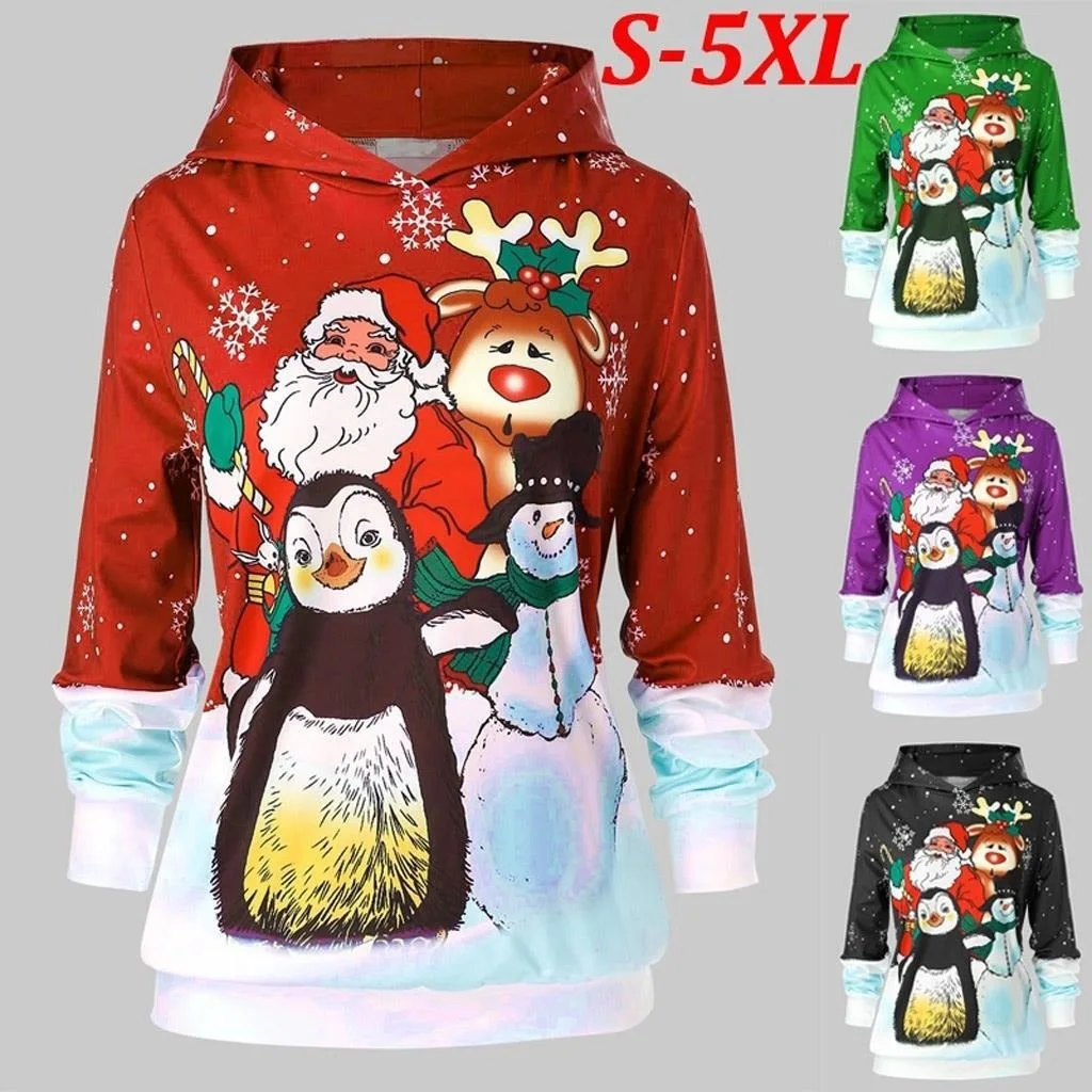 

Merry Christmas Santa Claus Printed Hoodies Color Matching Hooded Pullover Sweatshirts Men Women Couple Home Wear