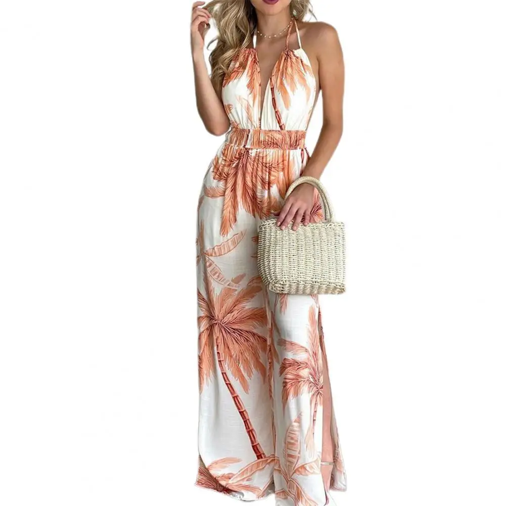 

Sexy Women Jumpsuit Sleeveless Floral Tree Print Wide Leg Slit Hem Backless Halter Loose Romper Overall for Party Orange xxl