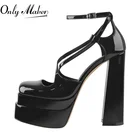 Женские туфли-лодочки на платформе Onlymaker, летние черные туфли из лакированной кожи с перекрестной шнуровкой и квадратным носком, модные удобные туфли на толстом высоком каблуке для вечеринки