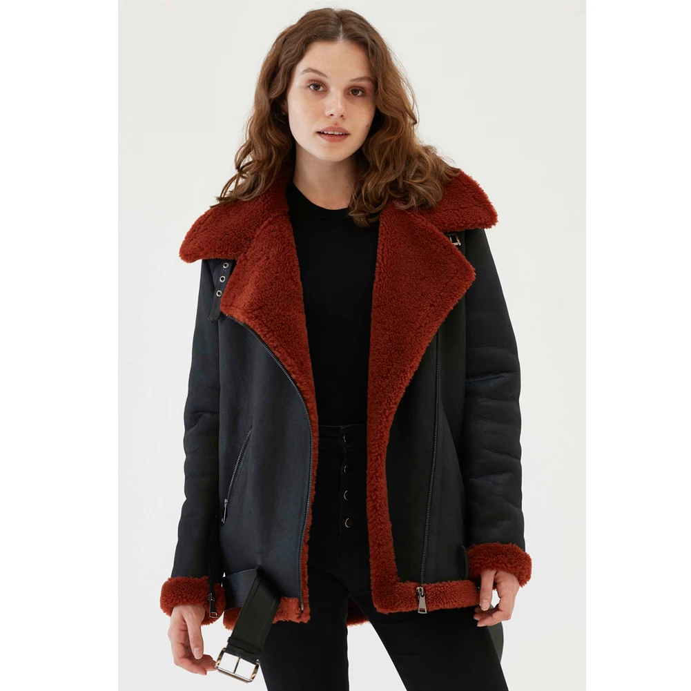 Womens Shearling Jacket Turkey Sheepskin Coat Oversize Coat Black Leather Jacket Warmest Winter Coats