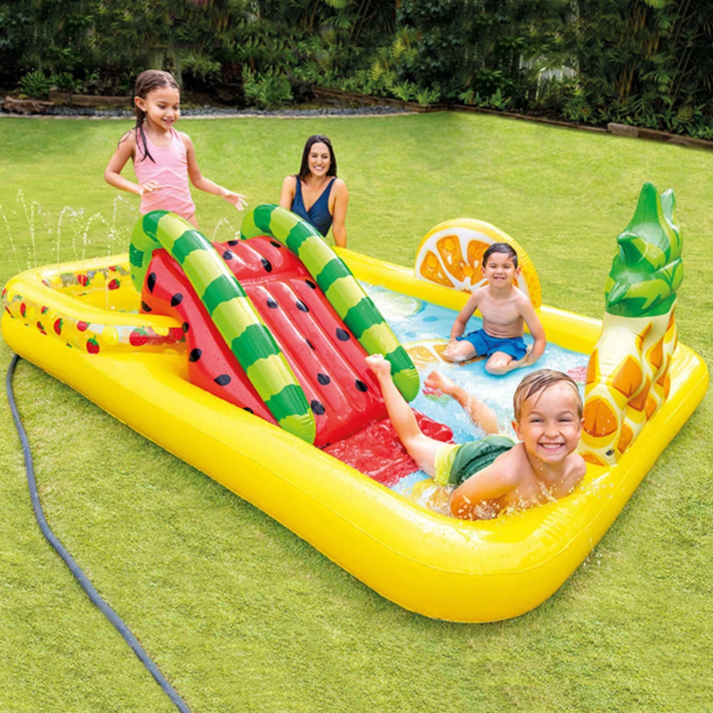 

Lovely Fruit Slide Plastic PVC Inflatable Rectangular Swimming Pool summer Outdoor Garden Pool With Automatic Sprinkler