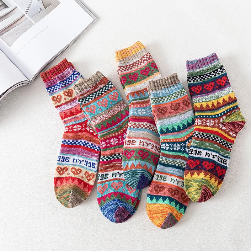 5 Pairs Winter Wool Socks for Women Thick Warm Retro Fashion Casual Soft Cotton Knit Socks Cold Weather Snow Boot Socks
