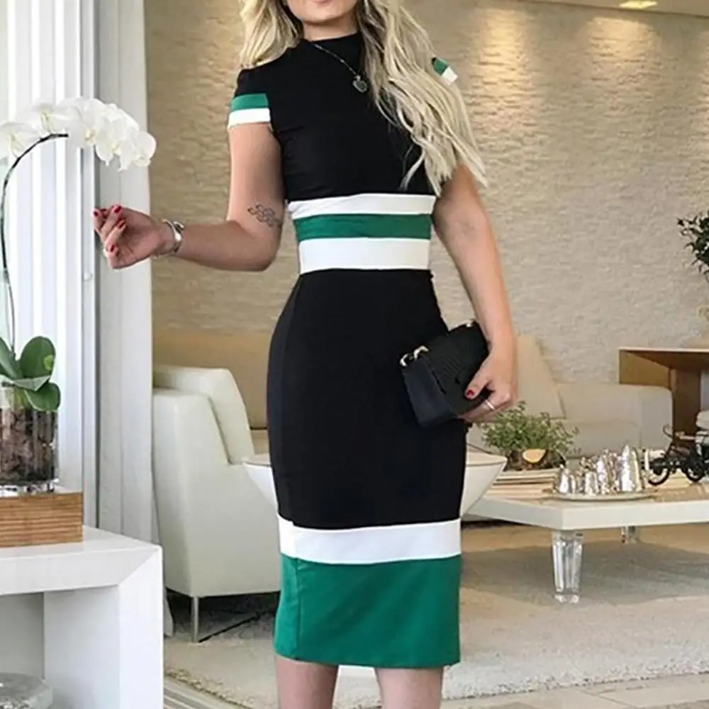 Женское облегающее платье миди в полоску с коротким рукавом|Вечерние костюмы| |