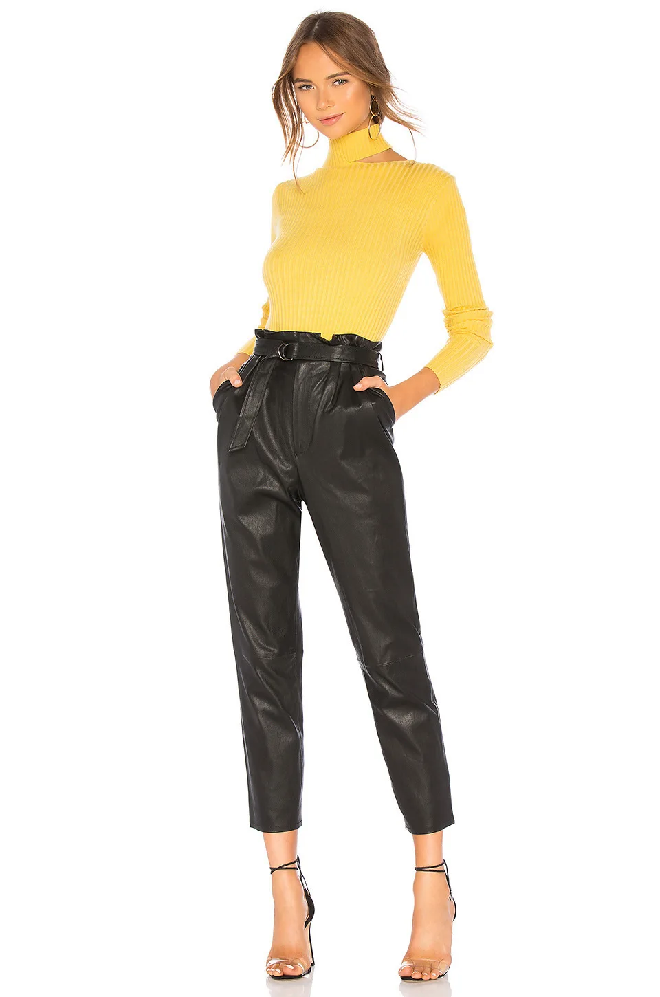 

PU Leather Pants Streetwear Ankle Length Zipper Fly Pleated Belt Sashes Women High Waist Stretch Pockets Trouser Cropped Pants