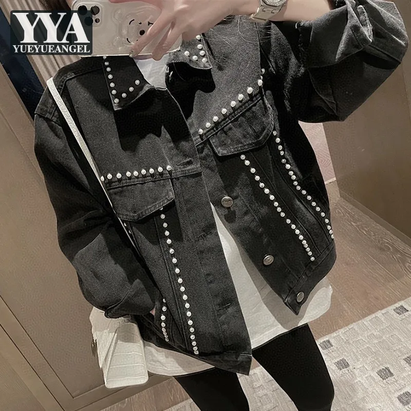 

2021 Fashion Design Pearls Denim Jacket Women Long Sleeve Loose High Street Casual Outerwear Harajuku Vintage Female Jean Coats
