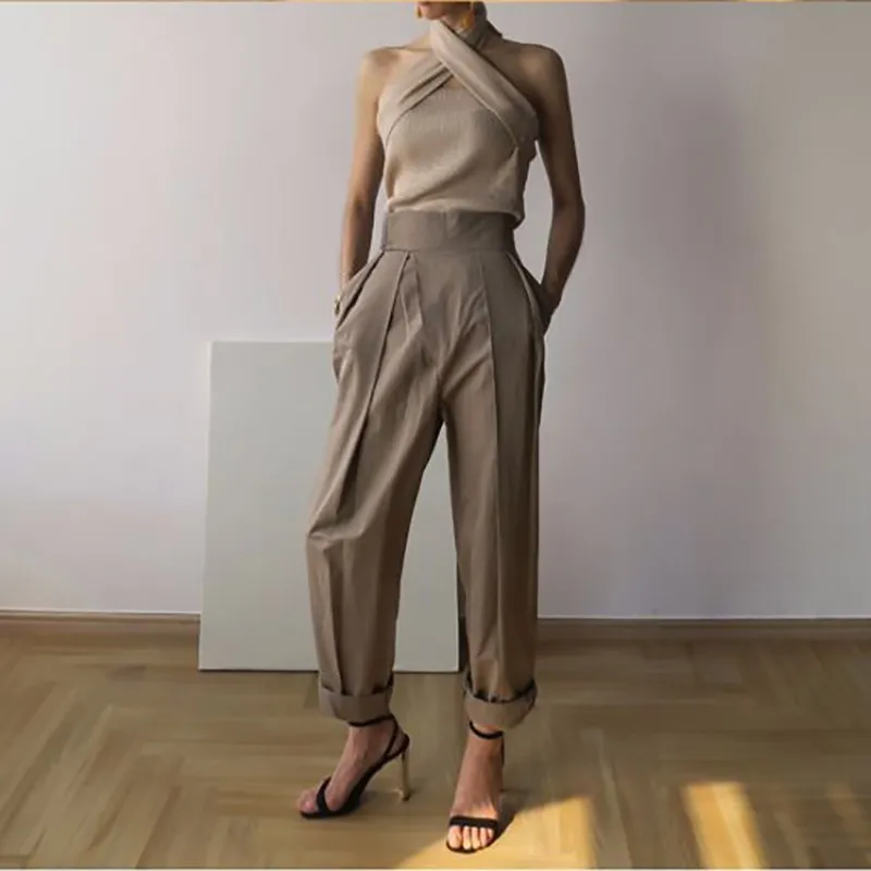 Однотонный сексуальный женский свитер без рукавов с бретельками на шее