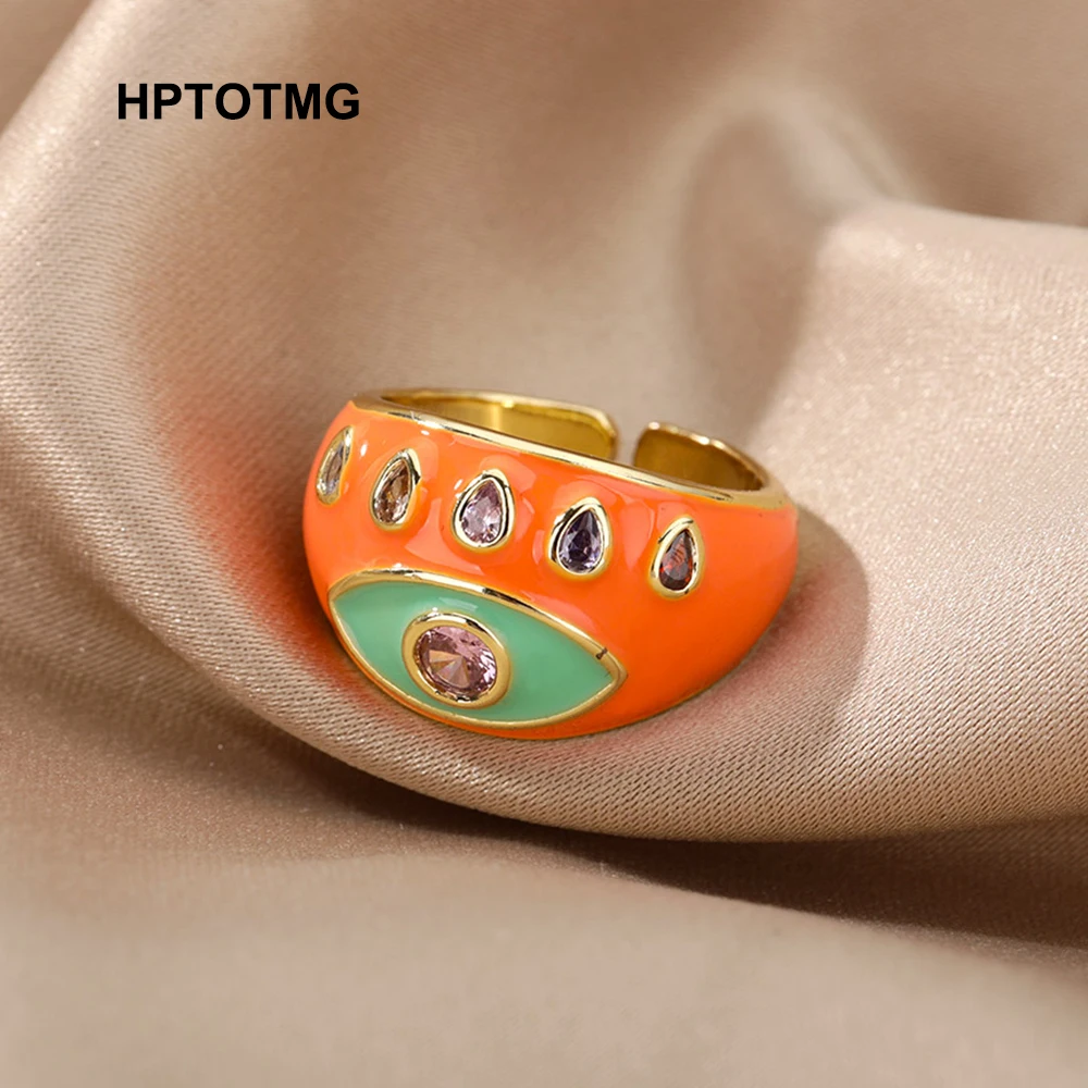 

Orange Epoxy Enamel Evil Eye Gold Rings for Women Men Vintage Colored Zircon Punk Open Rings 2021 Trend Party Jewelry Gifts