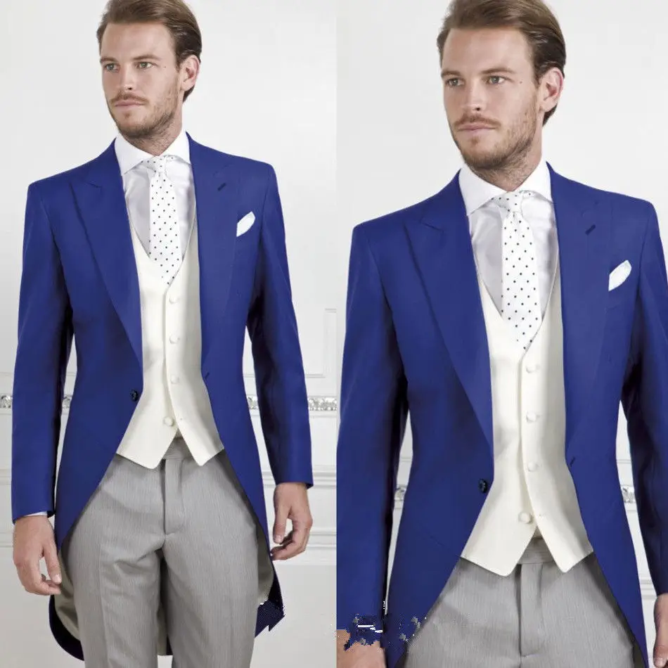 

2020 Custom Made Royal Blue Best Man Groomsman Men's Suits Prom 3 Piece Groom Tuxedos Bridal Tailcoats Groom Jacket Vest Pants