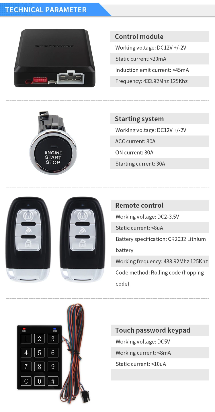 EASYGUARD автоблокировка разблокировка автосигнализации прыгающий код дистанционного запуска двигателя кнопка запуска сенсорный Пароль Клавиатура датчик удара DC12V