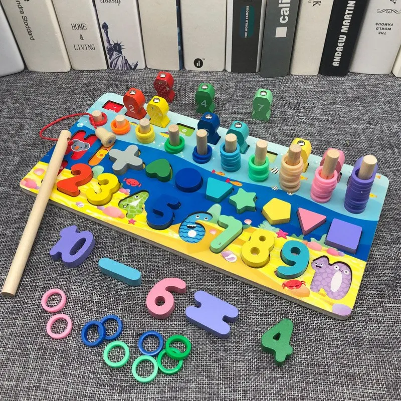 

Детские математические игрушки, детские развивающие деревянные игрушки, 5 в 1, рыболовные цифры, соответствующие цифрам, Цифровая форма, игр...