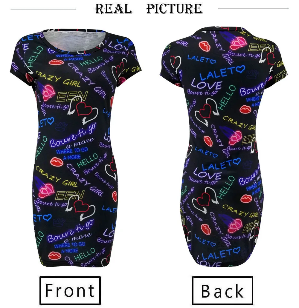 

Donsignet Women's Dress New Fashion Sexy Round Neck Pullover Letter Printing Waist Short-sleeved Slim Casual Dresses for Women
