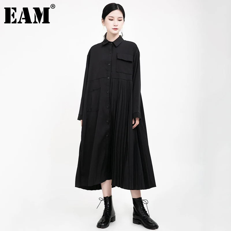 

Женское плиссированное платье [EAM], Черное длинное платье большого размера с отворотом, длинным рукавом, свободный крой, весна-осень 2021, 1DD5150