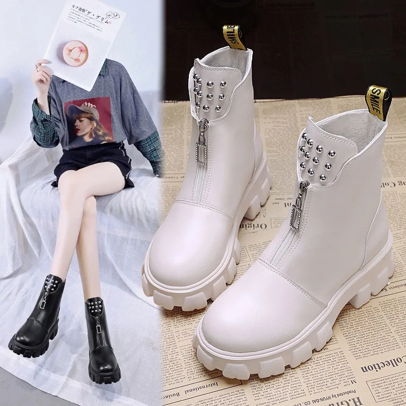 

New autumn and winter women's boots, short boots, bare boots, gothic punk women's motorcycle boots, thick-soled wedges, white