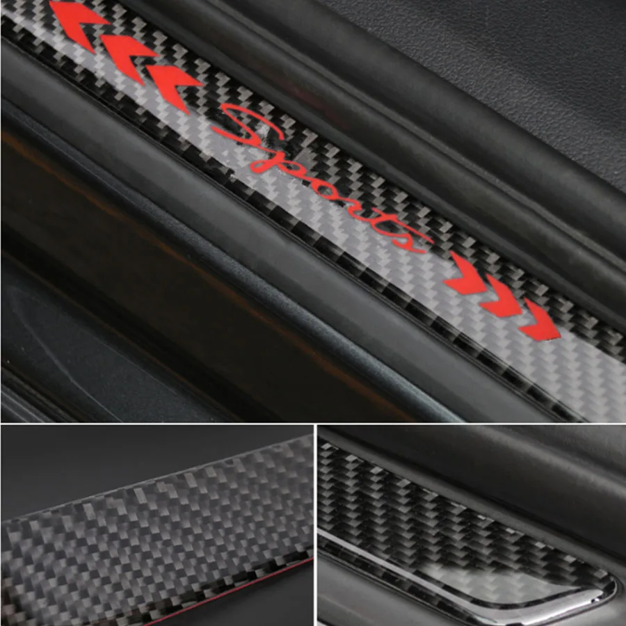 

2Pcs Car Rear Door Plate Sill Scuff Cover Panel Sticker Real Carbon Fiber Red Reflective