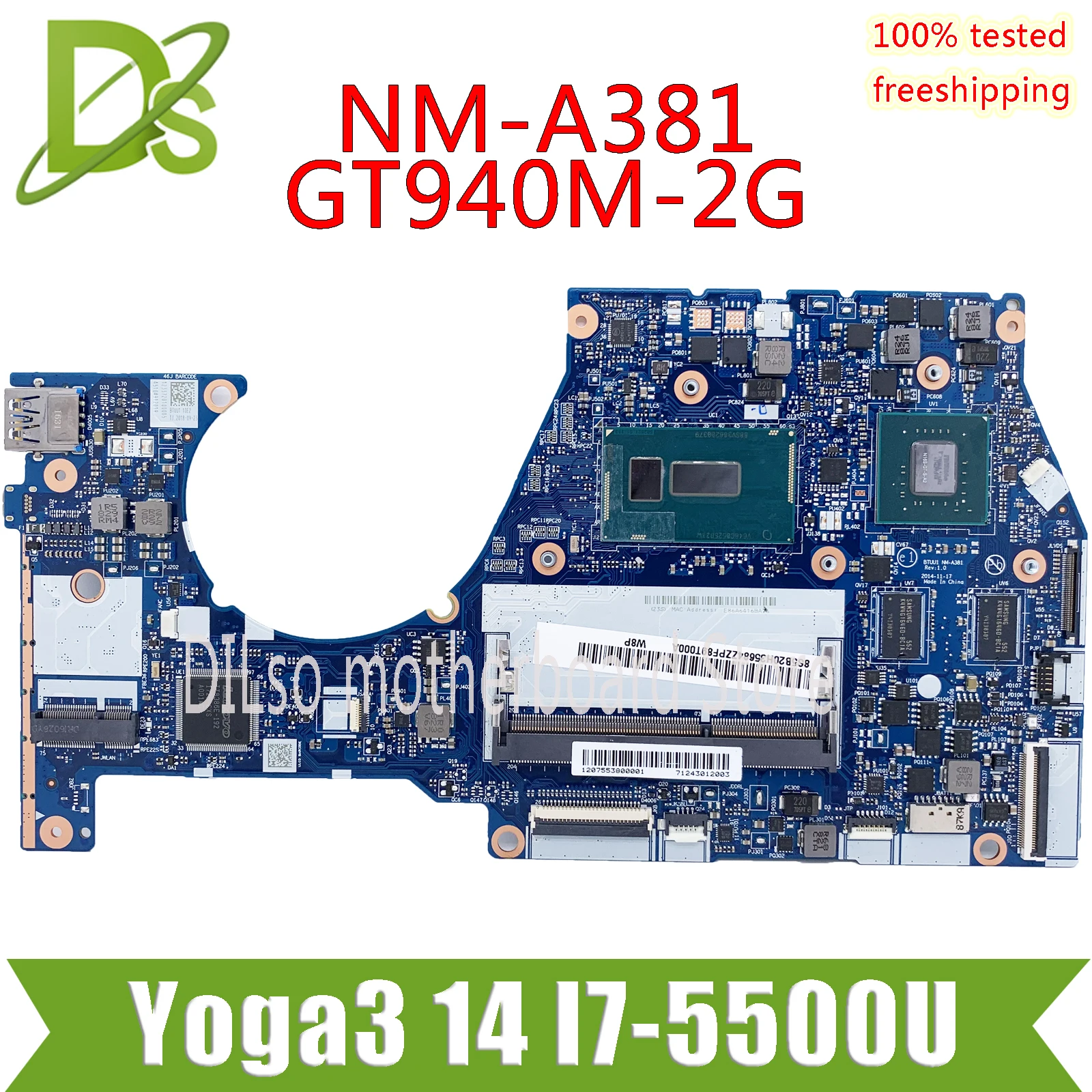 

KEFU NM-A381 for Lenovo YOGA 3 14 Yoga 3-1470 Laptop motherboard with CPU i7 -5500U GT940M 2GB DDR3 100% Fully Tested