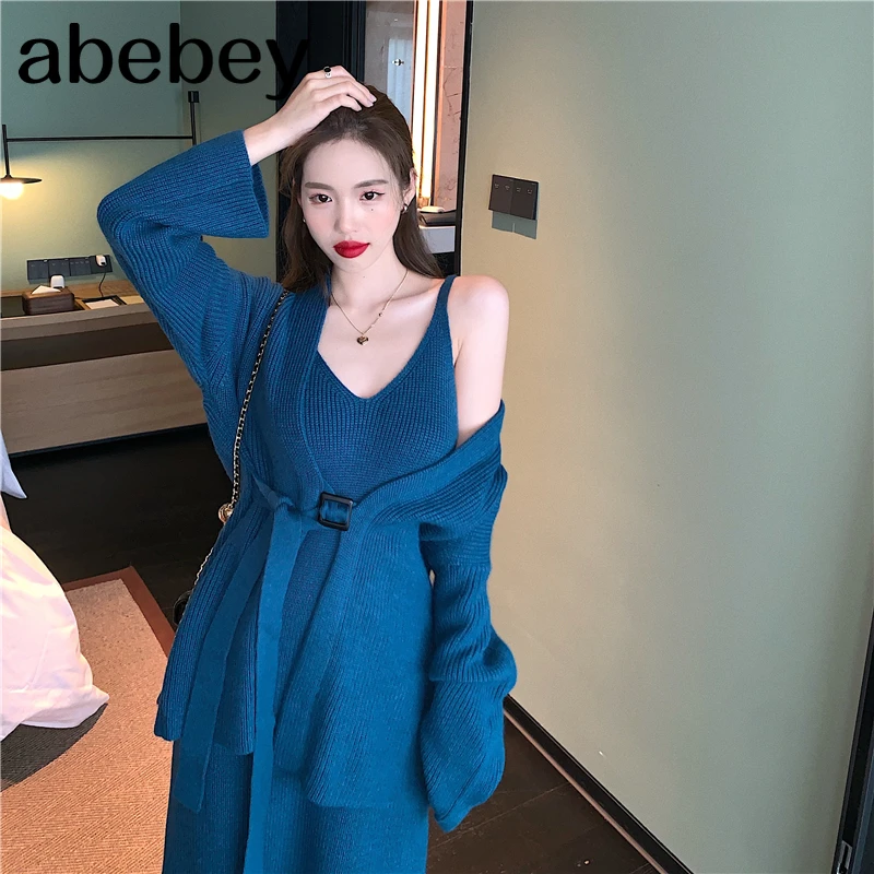 

Autumn New Suit Solid Color Elegant All-match Cardigan Sweaters + Casual Loose Camis Women Dress Fashion 2 Piece Set