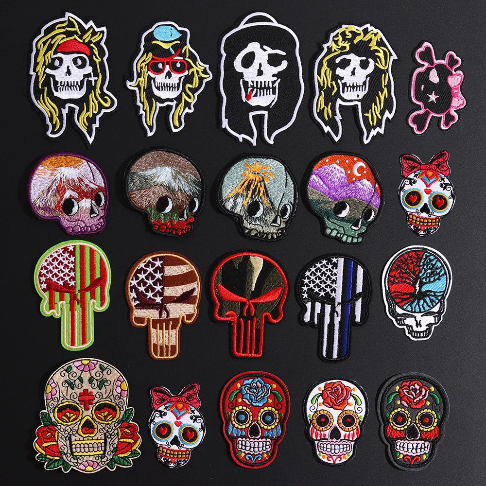 

Human skeleton Embroidered Patches Iron On Punk Skull Clothes Badges Flower Bow Skull Biker Appliques 3D Diy Punk Bikers Badge