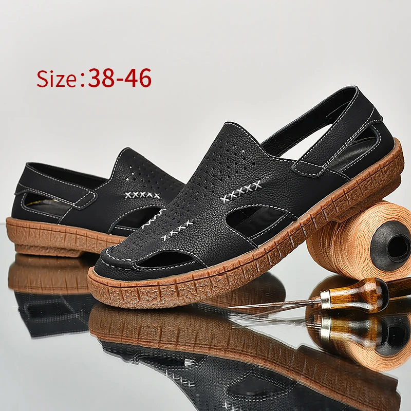 

Сандалии мужские из дышащей кожи, повседневная обувь, лоферы без застежки, очень мягкие резиновые стельки, удобная обувь для вождения, лето