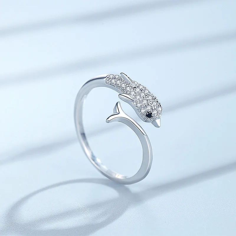 

Graceful Women Silver Plated Zircon Dolphin Ring for Women Adjustable Fine Jewelry Female Animal Finger Ring Best Gifts