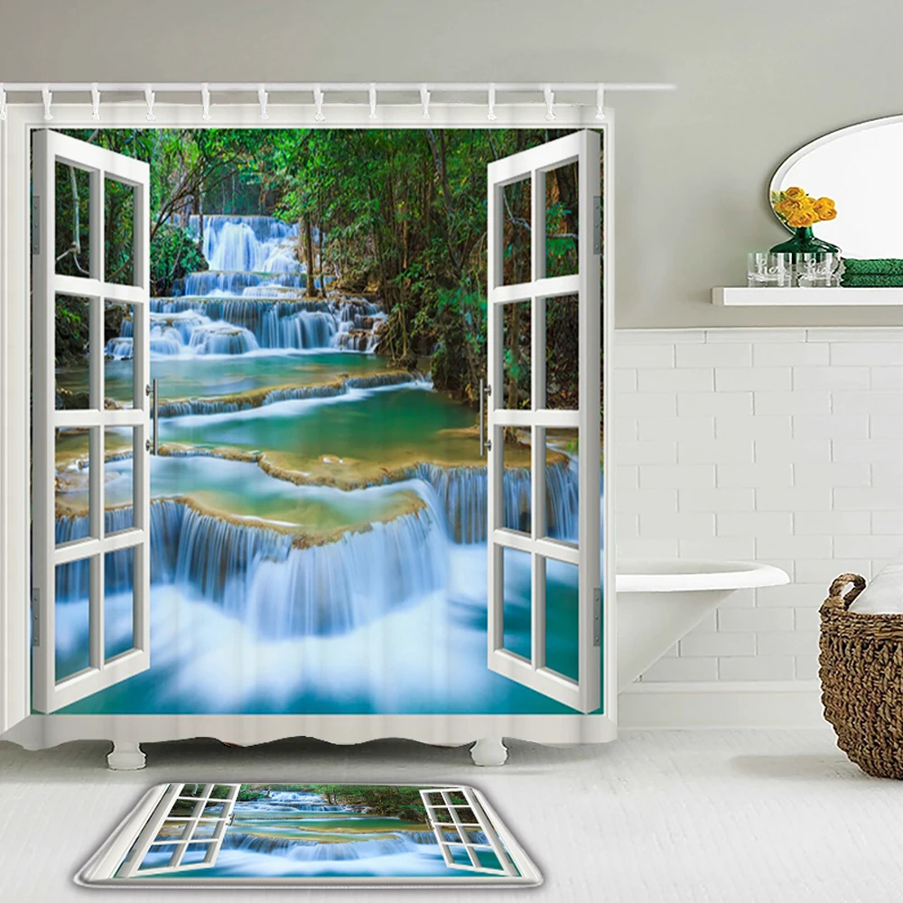 

Natural Scenery Outside the Window Shower Curtain Set Waterproof Fabric Bathroom Curtains With Non-Slip Mat Toilet Bath Mat