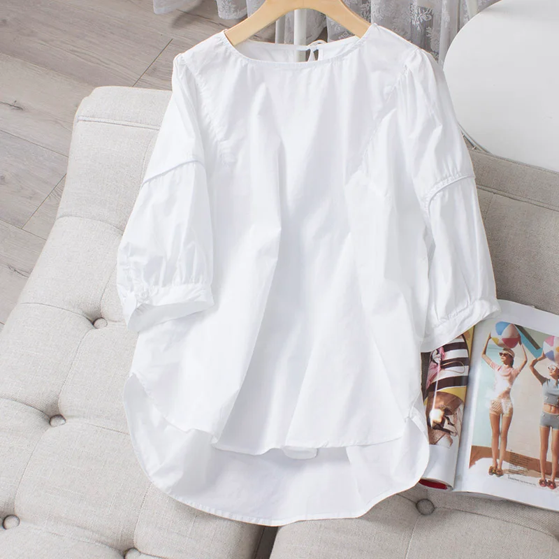 

Cotton 100% Solid Women Blouse Summer New 2021 Batwing Sleeved Loose White Casual Female Pulls Outwear Tops