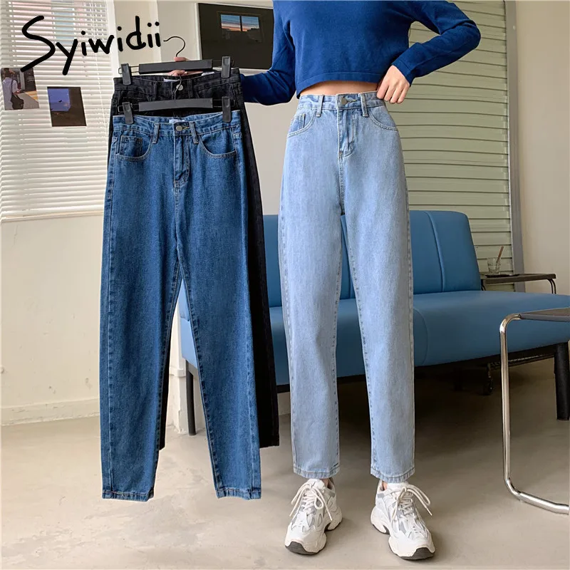 Syiwidii High Waisted Jeans for Women Straight Leg Denim Pants Bottom Vintage Streetwear Fashion Clothes Blue Black 2021 Spring