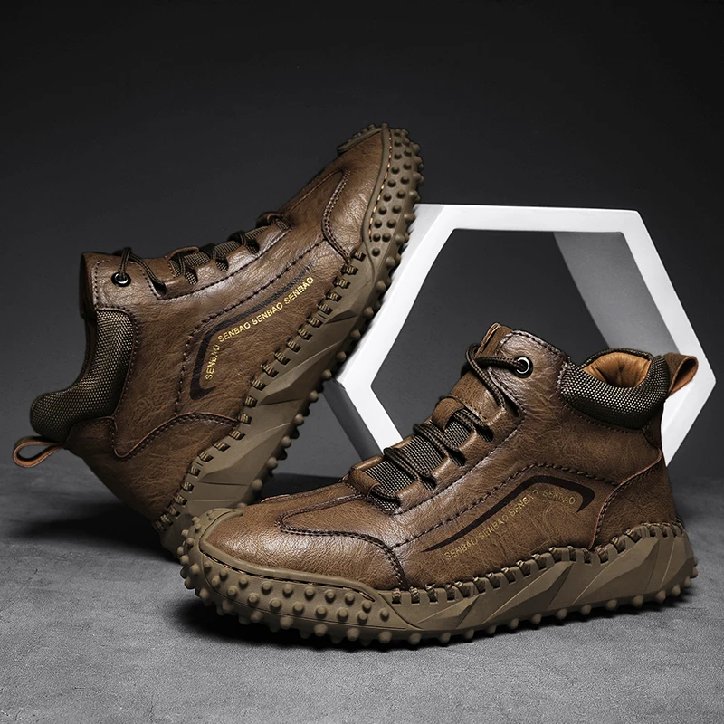 Мужские зимние ботинки с плюшевой подкладкой коричневые теплые для снега