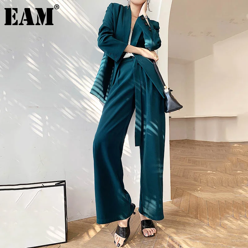

[EAM] Wide Leg Pants Big Size Two Piece Suit New Lapel Long Sleeve Loose Fit Women Fashion Tide Spring Summer 2022 1DB316