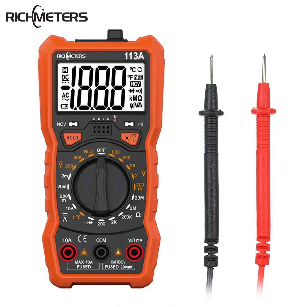 RICHMETERS NCV Цифровой мультиметр 2000 отсчетов HFE AC/DC измеритель напряжения вспышка светильник задний светильник большой экран RM113A мультиметры