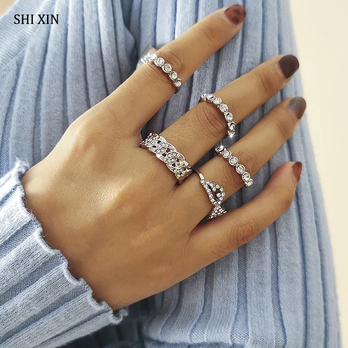

SHIXIN 5 Pcs Shiny Stackable Crystal Rings for Women Trendy Luxury Rhinestone Rings Set Wedding Knuckle Ring Finger Jewelry 2021