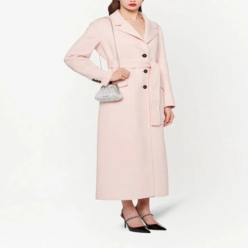 

New Winter Coat Women Woolen Jacket With Sashes Single Button Wide-Waisted Wool Blends Windbreaker Overcoat Lady Outerwear