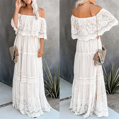 

Summer Women's Fashion Elegant High Waist Shoulder Bat Short Sleeve Lace Dress Party Evening Dress Women's Long Dress