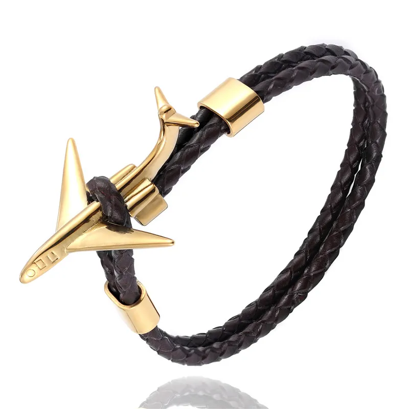 Gold Retro MKENDN, модный ретро кожаный браслет, нержавеющая сталь, самолет, якорь, браслеты для мужчин и женщин, Летний стиль, обёрточная бумага, металлический спортивный крючок - Metal Color: Gold Retro