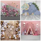 Фон для фотосъемки с изображением розовых воздушных шаров фламинго, тропических пальм, листьев деревьев, детских фотографий